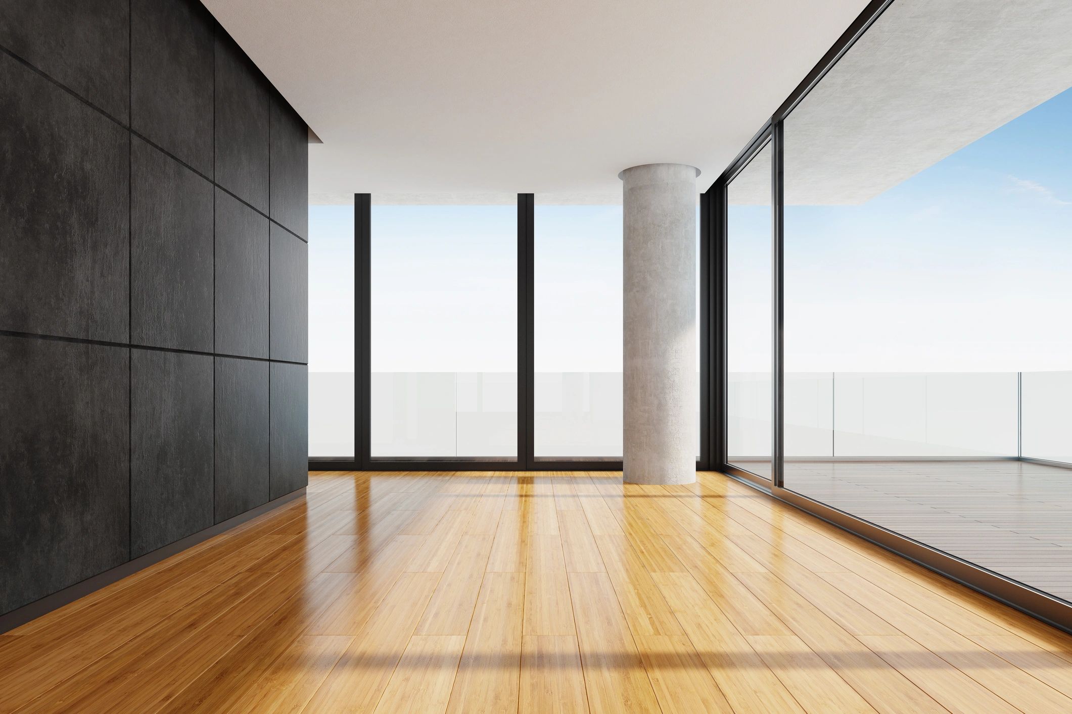 Modern home interior with large windows